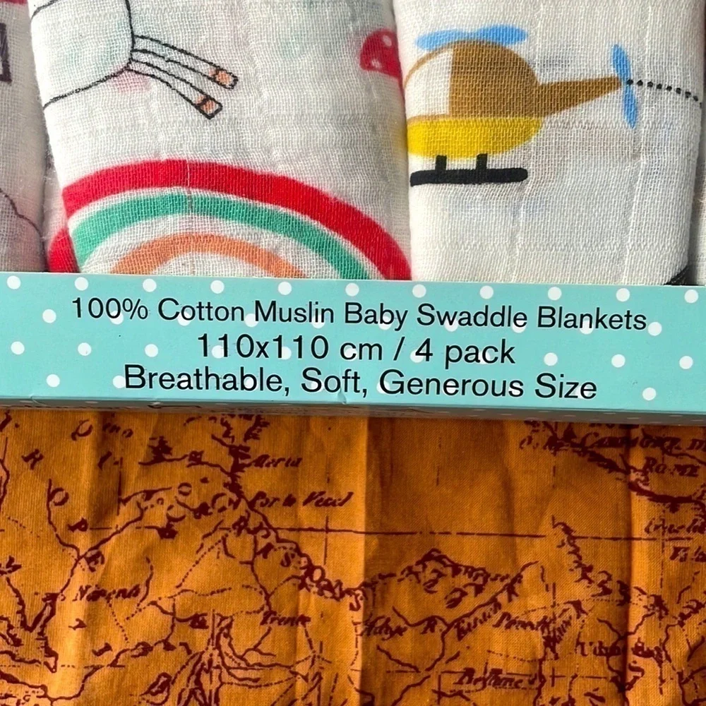 Brand New Set of 4 100% Cotton Muslin Swaddle Blankets Gender Neutral 47”x44”
